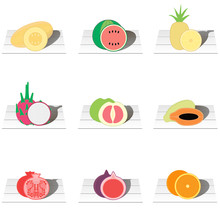 Set Of Vector Icons Where Different Fruits Are Illustrated: Pineapple, Watermelon, Melon, Dragon Fruit, Grapefruit, Papaya, Guava, Garnet, Figs, Orange. Shopping Basket In Grocery Shop Of Heathy Goods