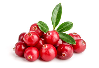 Wall Mural - Cranberry with leaf isolated on white background closeup macro