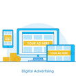 Digital Advertising seo banner. Computer, phone and tablet with adaptive design with ads and pay per click 