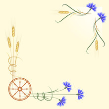 Set Of Two Corners In Ethnic Style With Cornflowers, Wheat Ears And Spinning Wheel.