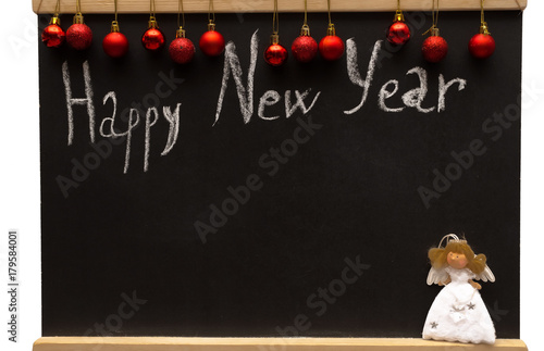 Inscription Happy New Year Written By White Chalk On Decorated