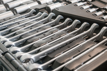 Sockets, tools, wrenches, spanners and bits in a chrome vanadium socket set.