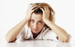 © zwiebackesser - Portrait of exhausted and tired business woman in the office (Depression, sadness, problems, difficulties concept)