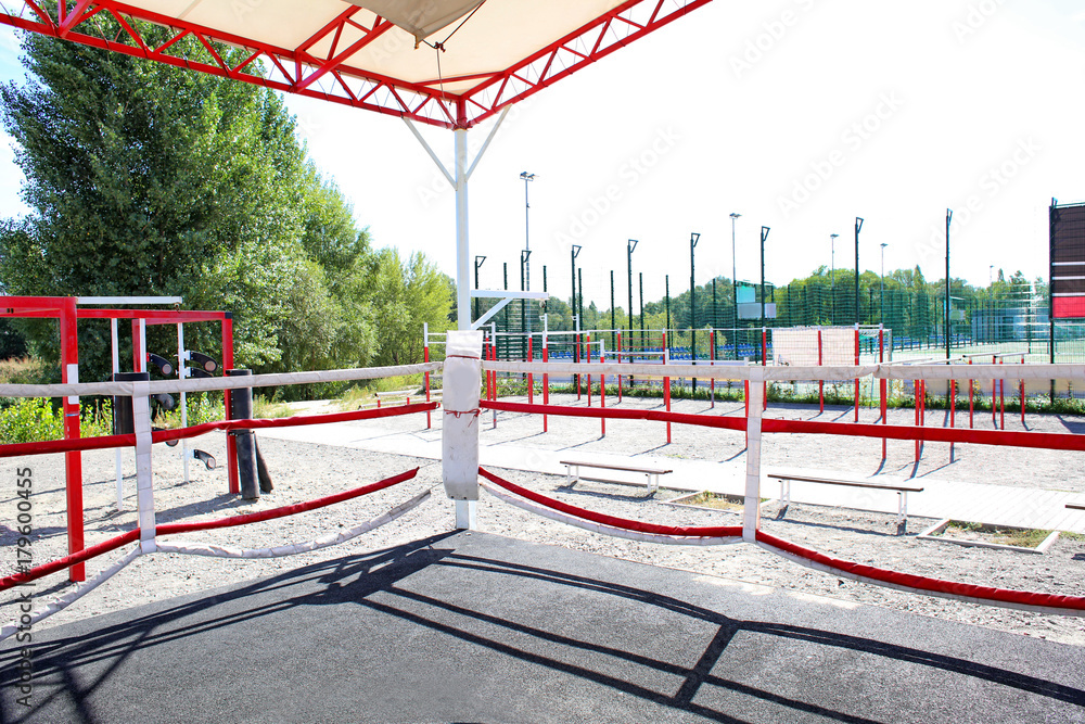 Boxing ring prepared for competition, outdoors
