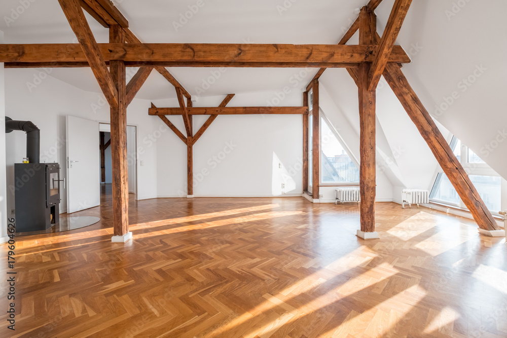luxury apartment , empty loft room with fireplace and wooden beams - obrazy, fototapety, plakaty 