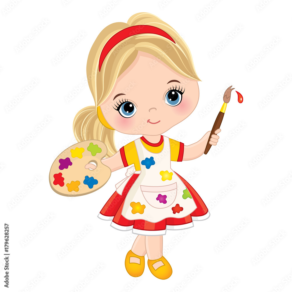 Vector Little Girl with Palette and Paint Brush. Vector Little Artist ...