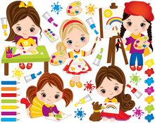 Vector Set With Cute Little Girls And Paint Elements. Vector Little Artists