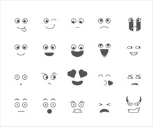 Collection Of Emoticon Emoji Cartoon Facial Expressions With Mouth, Eyes And Eyebrows. Expressions Like Love, Happiness, Sadness, Crying, Naughty, Disgusted, Devil, Surprised, Sticking Tongue Out. 