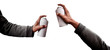 Set hands holding spray paint on white background