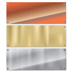 Wall Mural - Shiny brushed metal plate. Banners from copper, bronze and steel with with reflections and scratches on white background Stainless steel background, 3D illustration for you posters or ad