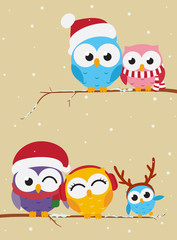  owl family on the branch christmas banner