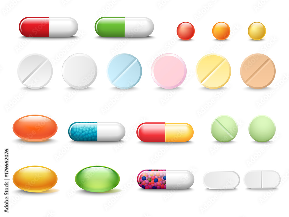Set of vector realistic pills and capsules isolated on white background. Medicines, tablets, capsules, drug of painkillers, antibiotics, vitamins. Healthcare medical and vector illustration. - obrazy, fototapety, plakaty 