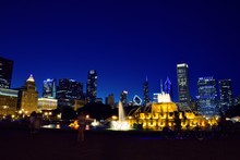 Chicago Skyline And Buckingham Fountain At Night.