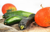 Fototapeta Kuchnia - Fresh vegetables ( zucchini and pumpkins ) on sackcloth. 