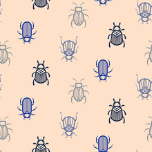 Blue Line Style Beetle Vector Seamless Pattern For Print. Simple Insect Pink Background.