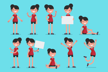 Wall Mural - Set of female character in sport clothes in different poses: Vector illustration.