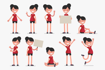 Wall Mural - Female character in sport clothes in different poses: Vector illustration.