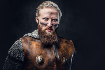 A man Viking dressed in Nordic armor.