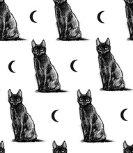 Nice, Sitting, Beautiful, Hand Drawn, Black Cats With Moons. Seamless Texture. Repeating Background. Tiled Pattern.