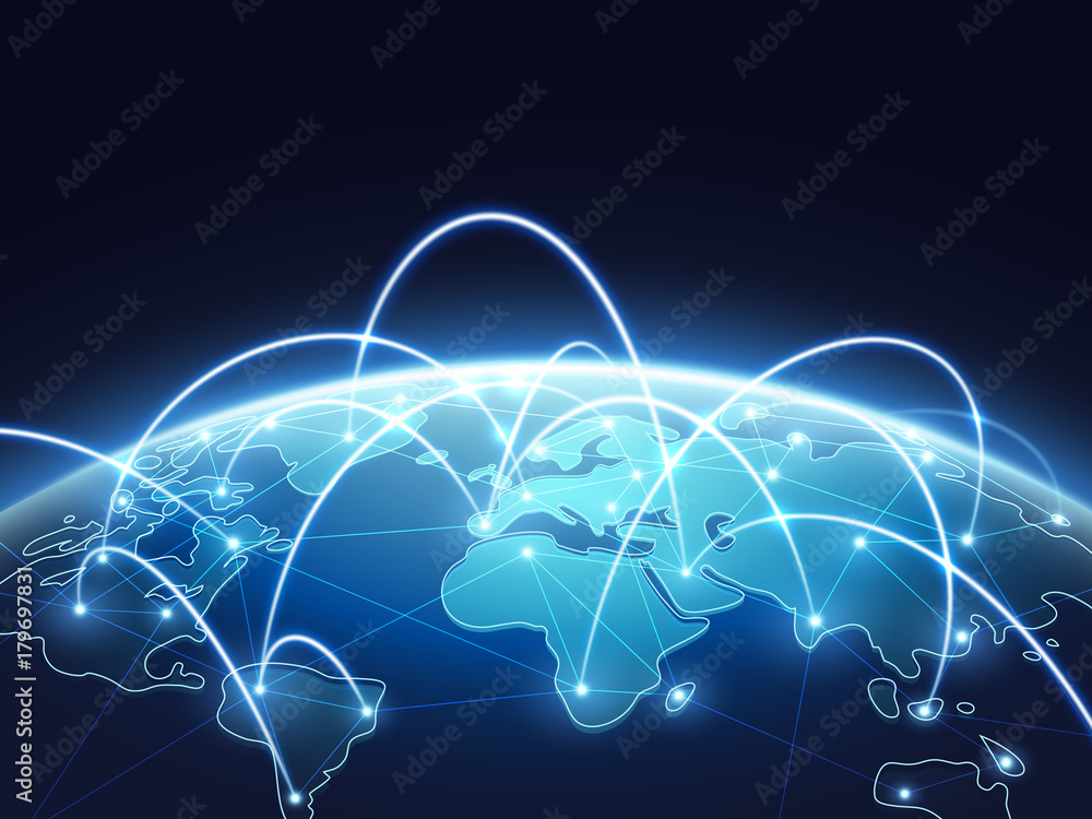 Abstract network vector concept with world globe. Internet and global connection background - obrazy, fototapety, plakaty 