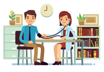 Poster - Healthcare and medicine vector concept with doctor checking patients blood pressure