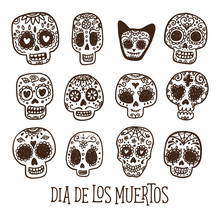 Dias De Los Muertos - Day Of The Dead In Mexico. Vector Greeting Card With Hand Drawn Doodle Sugar Skulls.