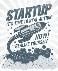Wall Mural - startup retro poster with a rising rocket and halftone dots print vintage effect.