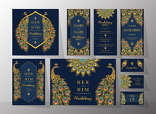  Wedding Invitation Card Templates With Gold Patterned And Crystals On Background Color.