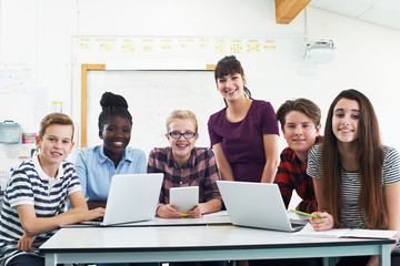 Wall Mural - portrait of teenage students with teacher in it class