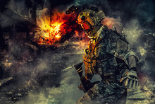 Army Soldier In Action. Great Explosion With Fire And Smoke Billows