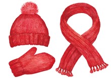 Winter Clothes. Wool Cap, Scarf And Mittens. Watercolor.