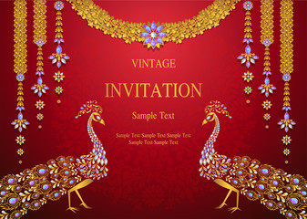  Wedding Invitation card templates with gold patterned and crystals on background color.