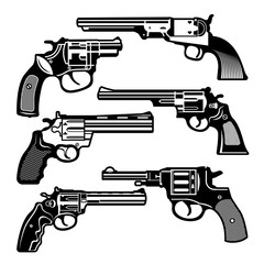 Wall Mural - Monochrome illustrations of retro weapons. Revolvers vintage guns. Vector pictures set