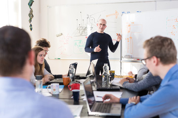 Wall Mural - Relaxed informal IT business startup company meeting. Team leader discussing and brainstorming new approaches and ideas with colleagues. Startup business and entrepreneurship concept.