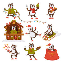 Christmas Wolf Dog Santa Cartoon Character Vector Icons Winter Holiday Greeting Card