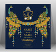 Wedding Invitation card templates with gold peacock patterned and crystals on paper color.
