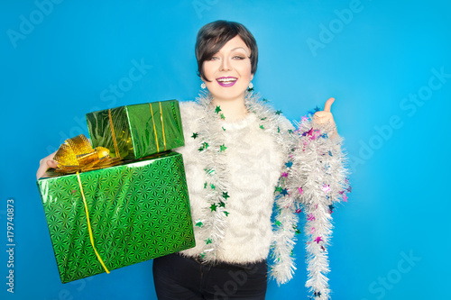 Pretty Short Hair Brunette Woman Wearing Cute Sweater And Standing