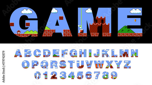 Photo  Vector of font and alphabet stylized on old video game