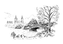 Sketch Of Cityscape In New York City Show Central Park. Vector Illustration