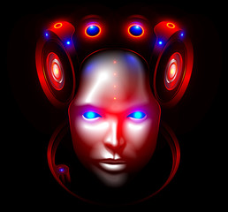 Fototapete - Robot woman face or head front view. Artificial intelligence, Artificial intelligence looks seriously into the eyes, Plastic humanoid mask hides the artificial brain. Future concept