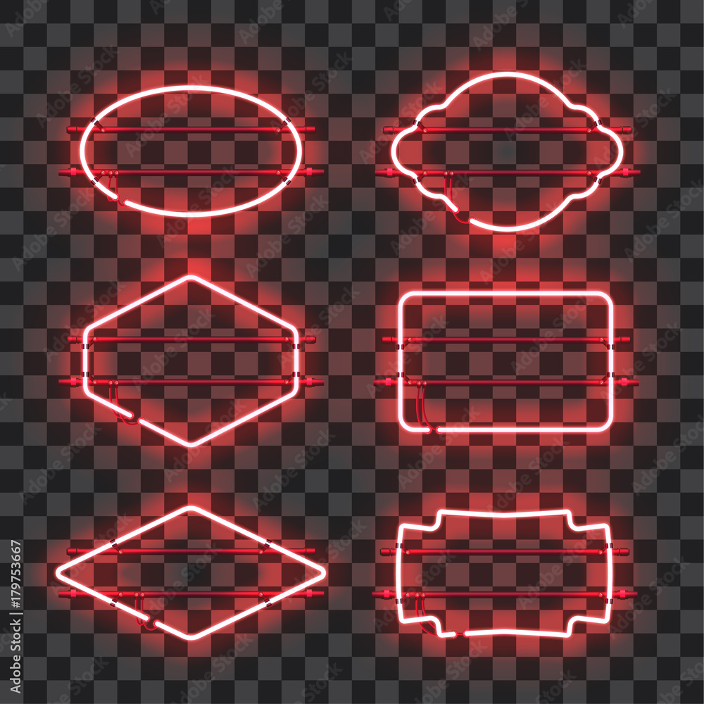 Set of realistic glowing red neon frames isolated on transparent ...