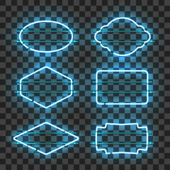 Wall Mural - set of realistic glowing blue neon frames isolated on transparent background. shining and glowing ne