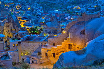 Wall Mural - The night Goreme hotel and house, landscape Countryside lifestyle of Rural Cappadocia landscape, Turkey