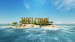 render word welcome made of sand on tropical paradise island with palm trees an sun tents. Summer vacation tour concept.