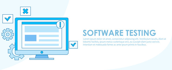 Software testing banner. A computer with a test site window and programs. Notifications and gears