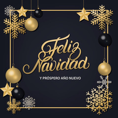 Wall Mural - Feliz Navidad hand written lettering with golden decoration ornament.