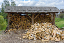 Pile Of Birch Firewood Outdoors In Summer