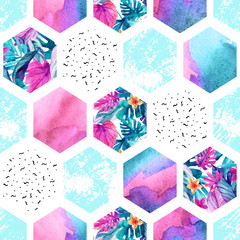 Poster - Watercolor hexagon seamless pattern with geometric ornament elements.