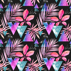 Poster - Watercolor exotic leaves, grunge textures, doodles seamless pattern in rave colors