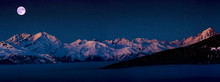 Scenic Panorama Sunset Landscape Of Crans-Montana Range In Swiss Alps Mountains With Peak In Background, Crans Montana, Switzerland.